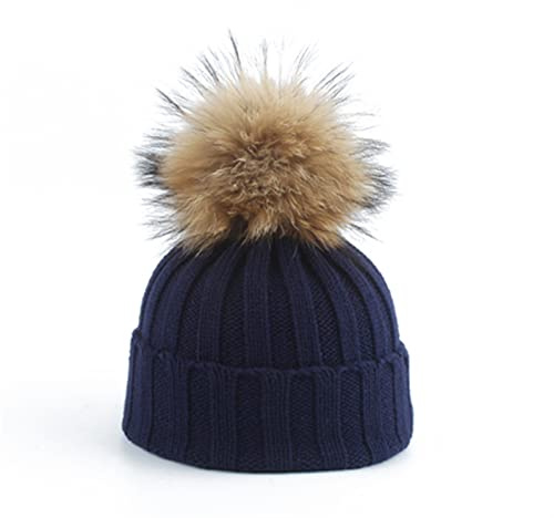 Mössor vinter kall hatt med stor plysch pom-pom mössa hatt damer stickad varm mössa pojke flicka päls varm hatt många färger att välja (färg: Mörkblå)