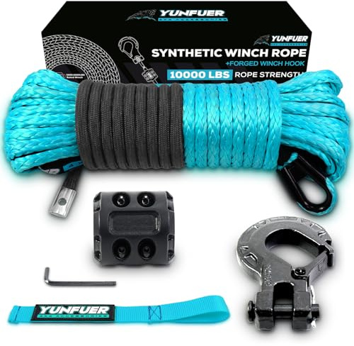 YUNFUER 1/4 x 50ft Synthetic Winch Rope Cable Kit, 10000LBS Winch Rope with Protective Sleeve + Forged Winch Hook + Rubber Stopper and Safety Pull Strap for ATV UTV (Blue)