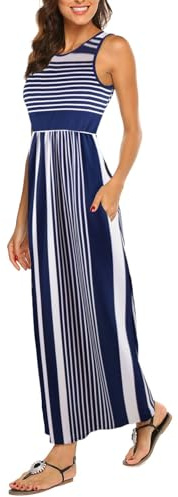 BDTECAOR Maxiklänning damer sommar boho ärmlös strandklänningar ledig lång tank klänning med fickor, blå, XL