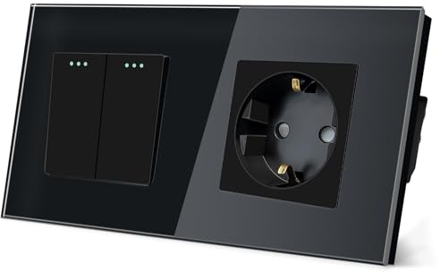 TAWOIA Lichtschalter mit Steckdose 2 Fach 1 Weg Glas Platte Unterputz Taste Schalter mit Schuko Steckdose 16 Amp 86 * 157mm Schwarz Wechselschalter