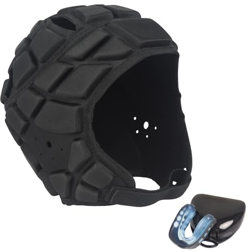 Universal Soft Shell Flag Football Helmet with Mouth Guard, 7v7 Rugby Helmet Adjustable Breathable Head Protection Scrum Cap for Youth and Adults, Paired with Sports Teeth Guards（Adults）