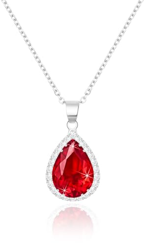 Linawe Silber Kette Damen Rot Rubin Halskette Anhänger Silberkette, Diamant Geburtsstein Kristall Kette Kettenanhänger, Charm Kette Damenkette Schmuck Set Jewelry Modeschmuck