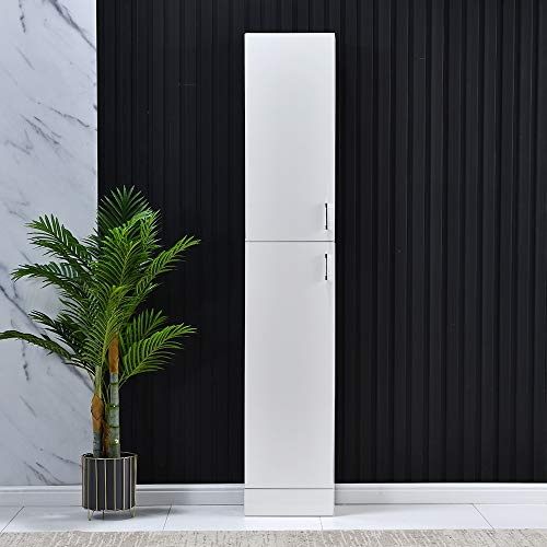 Homullel Tall Bathroom Cabinet, Narrow High Gloss Storage Tallboy Cupboard with 2 Doors 4 Shelves, Free Standing Slim Storage Cabinet Tallboy Unit (White)