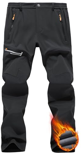 Peakwell Men Water-Resistant Walking Trousers Fleece Hiking Pant, Black, 30