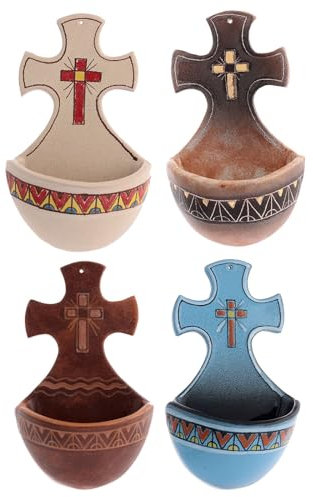 Holyart Acquasantiera Croce Ceramica, Cotto Antico e Oro