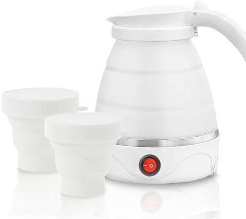 Faltbarer Wasserkessel 0.6L,Reisewasserkocher Klein,Faltbarer Silikon Camping Wasserkessel,Mini Wasserkocher,5 Minuten Schnelles Kochen für Küche Reise Camping Outdoor(Weiß)