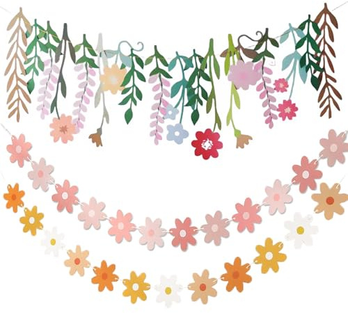 Flores de Papel Banner, 3 Paquetes de Garabatos de Primavera, Guirnalda de Flores, Decoración de Guirnalda Floral para Paredes de Jardín, Cumpleaños, Interiores y Exteriores