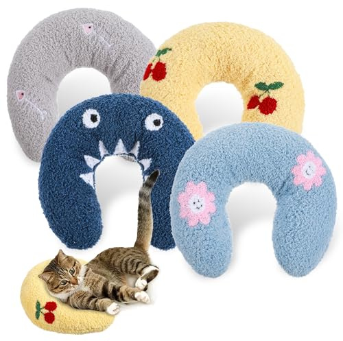 AojSup 4 Pcs Pillows for Cats Puppy Bed, Soft Fluffy Pet Calming Toy, Half Donut U Shaped Pet Neck Pillow, Training Toy Joint Relief Cervical Protection (4 Patterns)