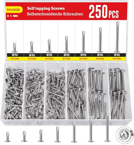 YOOPIN 250PCS Self Tapping Screws Kit, Stainless Steel Pan Head Self Drilling Screws for Metal, M4.2 Assorted Phillips Head Drilling Screws Set(50mm/38mm/32mm/25mm/19mm/16mm/13mm) for Wood