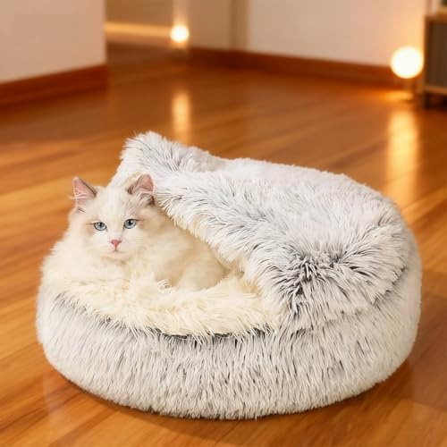 50 cm Ø Grå lugnande säng för hund och katt husdjurskorgar fluffig plysch skalformad kudde grotta för små och medelstora storlekar tvättbar bekväm och halkfri