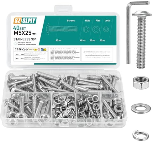 Set di 40 viti M5, viti a testa bombata M5 x 25 mm, in acciaio inox, set di viti a flangia, viti a testa piatta con flangia, filettatura completa