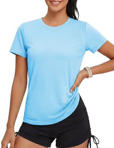 MAGCOMSEN UV Schutzkleidung Damen Sportshirt Schwimmshirt Wandershirt Sonnenschutz Leicht Fitness Wasserfall Blau M