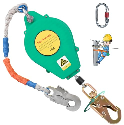 BOVDC Dispositivo Anticaduta Retrattile Certificato 10m, Imbracatura di Sicurezza Anticaduta Tetto con Gancio Rotante, 150kg Dispositivo Sicurezza Anticaduta Tetto/Lavoro Aereo(Verde,10m)