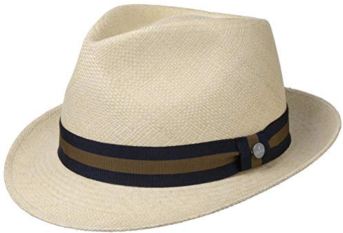 LIERYS Sportive Trilby Panamhut Handmade in Ecuador Urlaubshut aus Panamastroh Bogarthut mit Ripsband Damen Herren Frühjahr Sommer Natur-dunkelblau M (57-58 cm)