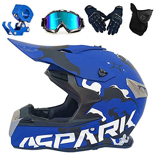 VOMI Casque Motocross Adulte Bleu, Integral Casque Moto Cross Accessoire Goggle Gant Masque Equipement Moto Convient pour Montagne VTT, Monstre Autocollant (L 56-57)