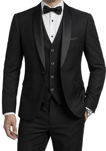 MrSure Mens 3 Piece Tuxedo Set with Bow Tie, Slim Fit One Button Shawl Lapel Blazer Vest Pants, for Formal Prom Party Wedding, Black