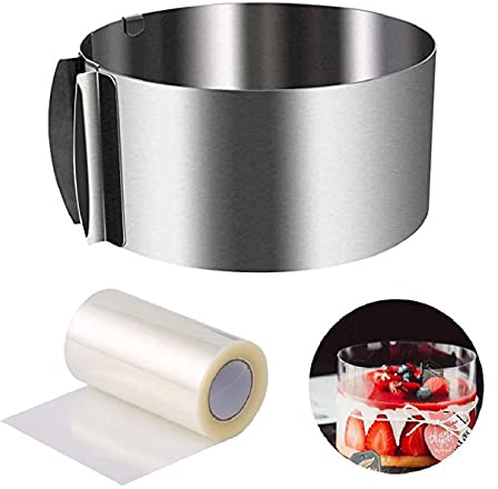 Tortenring Verstellbar, Edelstahl Tortenring, Verstellbar Kuchenring Ø16-30cm Backrahmen Rund Tortenring, und 1 Rollen Tortenrandfolie 10m transparente Rollen, backzubehör, zum Backen und Dekorieren