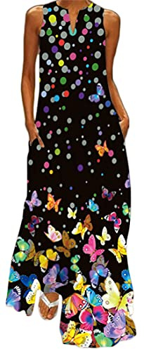 WINKEEY Abito Lungo Estivo Donna Elegante Stampato Plus Size Senza Maniche con Tasche, Farfalla Nera 4XL