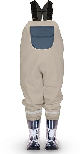 LOVRAIN wasserdichte Kinder Wathose Regenhose mit Stiefeln Kinder Brustwathose Zebra Oliv 30/31