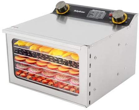 Essiccatore con 6 disidratatori in acciaio inox con regolatore di temperatura (30 – 90 °C) per asciugare frutta, verdura e carne, 400 W, 24 H, disidratatore per alimenti | 29 x 30 x 21,5 cm |