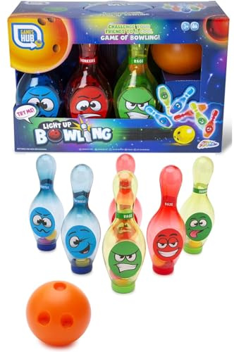 7pc Light Up Bowling Set Bowling Set Skittles Game for Kids with Facial Expressions & LED Flashing Lights 1 Ball 6 Skittles - Boys & Girls Gift 3+ (Boys Bright Rainbow Colours)