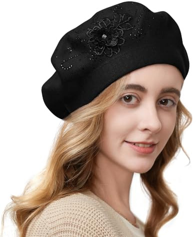 Flower Embroidery Beret Hat for Women, French Style Knitted Beret Hats, Stylish Solid Color Beret Cap for Women Girls Lady