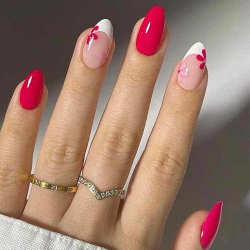 GlamRays - Set di 24 unghie finte corte ovali con french, per applicazione a pressione, in acrilico, motivo floreale, perfettamente aderenti, per donne e ragazze, adatte per l’estate