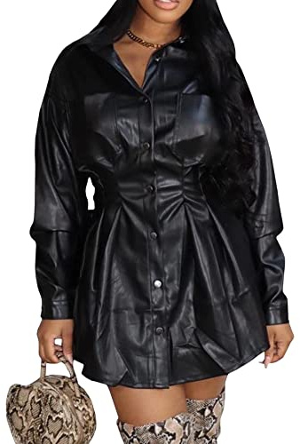 Sexyshine Women's Faux Leather Mini Dress Lapel Button Down Long Sleeve Pleated Blouse Shirt Tunics PU Leather Shacket Jacket(30366BL,S) Black