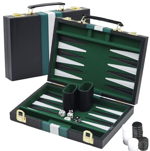 YUJUVI Jeu de Backgammon en Bois avec Étui en Cuir de Qualité Supérieure et Kit de Voyage Portable pour 2 Joueurs à partir de 8 Ans