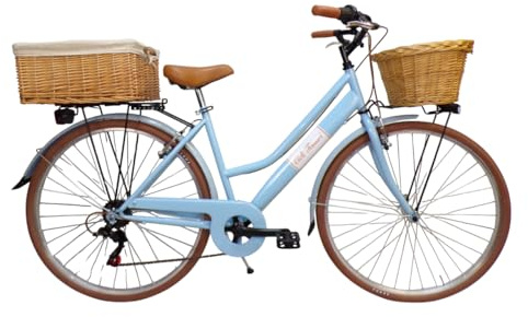 Cicli Tessari - bicicletta da donna bici da città city bike da passeggio 28'' con cambio vintage retro' con cesto in vimini e cassetta (azzurro)