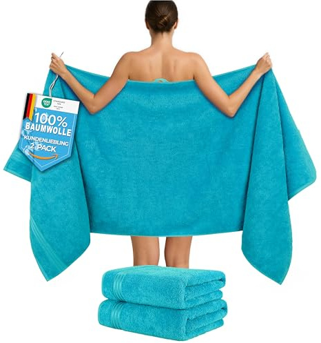 Hammetex Saunahandtücher 80x200 cm 2er Set – Extra Große Duschtücher – 100% Baumwolle Frottier – Oeko-TEX Zertifiziert – Weich, Saugstark – mit Aufhänger, Türkis
