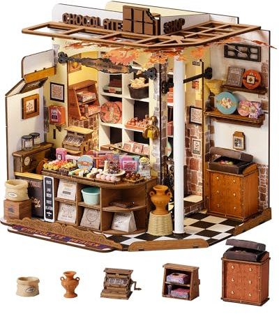 ROBOTIME Maison Miniature a Construire Henry's Chocolate, Kit de Construction de Maison Miniature en Bois avec LED, Décoration Intérieure et Cadeau Créatif pour Adultes et Adolescents