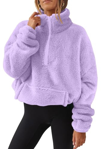 AMhomely Zip Up Fleece Womens Long Sleeve Sweatshirts Double Fleece Pullover Tees Winter Warm Flannel Fuzzy Tunic Elastic Hem Jacket Housecoat Outdoor With Pocket 02 Purple M