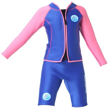 Hansber Enfants Deux Pièces Combinaison Néoprène 2.5mm Veste De Natation Manches Longues avec Short De Surf Maillots Bain Bleu et Rose 6-8 Ans