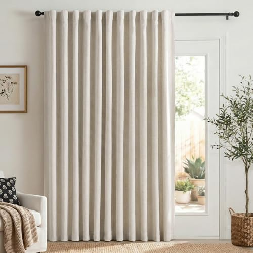 100% Blackout Shield Linen Blackout Sliding Door Curtains for Living Room, Back Tab/Rod Pocket Thermal Insulated Curtains for Sliding Glass Doors, 1 Panel Set, 100 W x 84 L, Cream