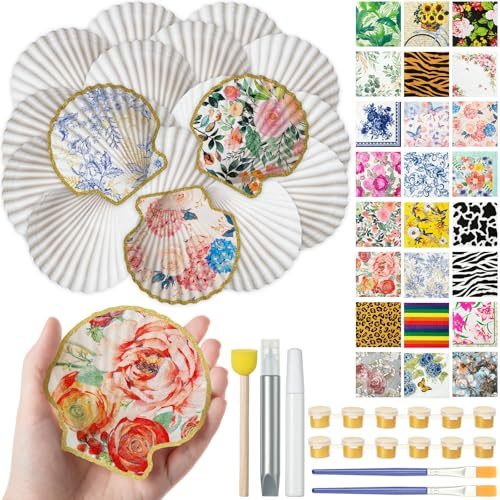 Crtiin 48 Pcs Decoupage Kits, 18 Pcs 4'' White Scallop Shells, 24 x Assorted Decoupage Paper Napkins with Glue Paint Strips Pigments and Paint Brushes for Home Decor Ornaments DIY Arts Crafts (Fun)