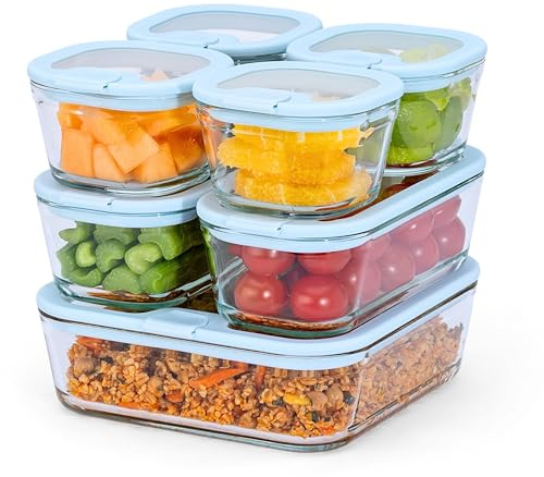 Econovo Matförvaringsburkar glas med lock, set om 7, lufttät, meal prep | Sju glasbehållare av borosilikatglas med silikontätning och ventil, läckagesäker för meal prep, ugn och frys