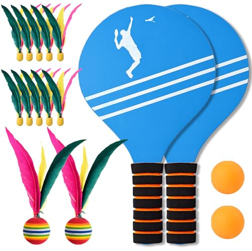 YOUYIKE Raqueta Padel Niños Set, Pelotas de Playa Beachball Set, 2 Palas, 12 Volantes, 2 Pelotas y 1 Bolsa de Almacenamiento, para Niños Juegos Playa Juego del Jardín