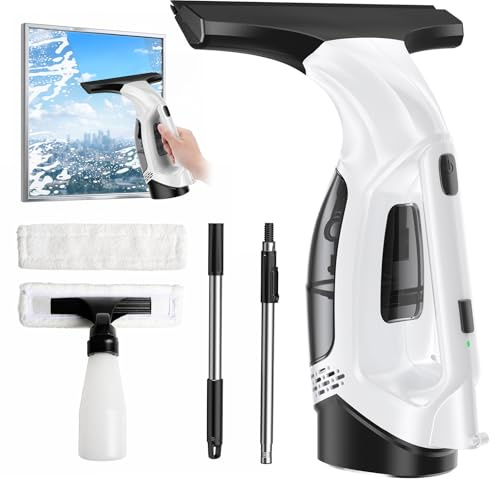 Limpiacristales Eléctrico Inalámbrico con Mango Telescópico, Aspirador De Ventanas 2000pa con Batería 2200mah Depósito 150ml, Kit Spray Microfibra para Ventanas Ducha Espejos Coche