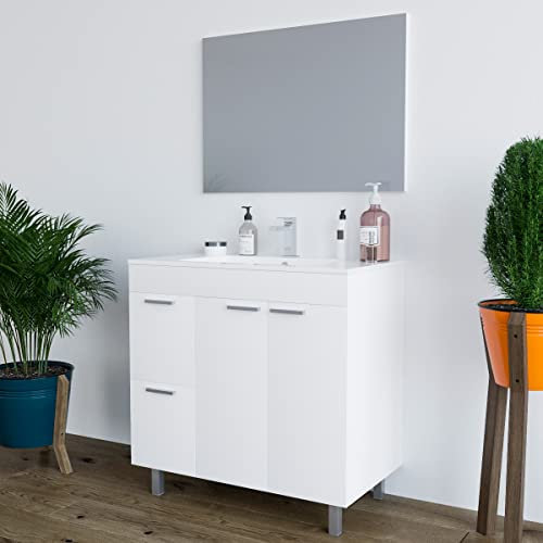 MarinelliGroup Mobile bagno 80 cm a terra lavabo ceramica specchio 2 cassetti + 2 ante BIANCO LUCIDO 80 x 45 x 80 cm 305450BO