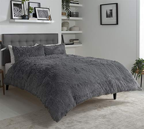 Olivia Rocco Snuggle Duvet Cover Set Super Soft Fluffy Quilt Sets Warm Cosy Winter Bedding, King Charcoal