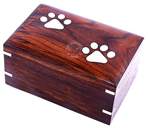 Hind Handicrafts Grande urne funéraire pour chiens et chats – Boîte de crémation en palissandre avec cadre photo – Incrustation de pattes en laiton – Souvenir commémoratif pour cendres – Capacité de