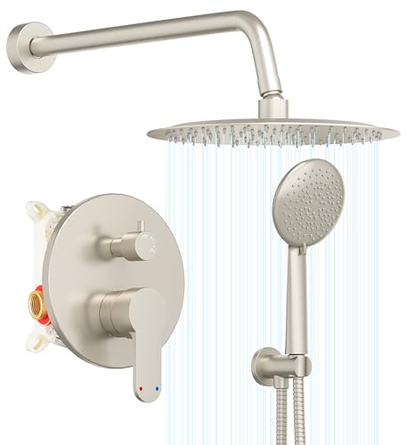 Gabrylly Shower System, Shower Faucet Set with Pressure Balance Shower Valve, 10 Rain Shower Heads with Handheld Spray, Wall Mounted Shower Fixtures, High Pressure Shower Head Set, Brushed Nickel