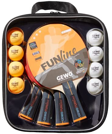 GEWO Family & Friends Tischtennisschläger-Set - 4 Tischtennisschläger für Hobby und Freizeit mit 8 TT-Bällen und praktischer Aufbewahrungstasche - Komplettschläger mit Raver Belag, Griff konkav