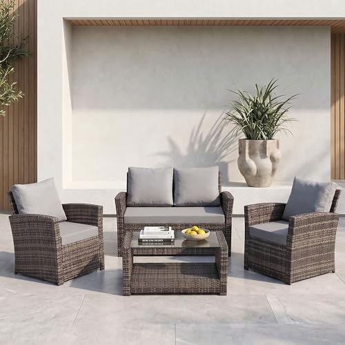 EVRE Roma 4 Seater Rattan Garden Conservatory Patio Furniture Sofa Armchair Roma Set with Glass Top Coffee Table Wicker Weave Sofa and Cushions (Cedar Brown).
