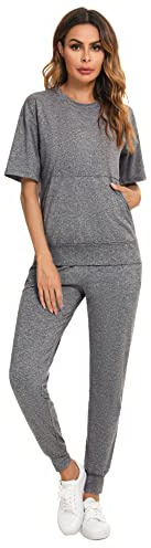 Irevial Dam träningsoverall tvådelad joggingdräkt dam sportdräkt hemmadräkt loungewear fritidsoverall ledig mjuk elegant rund hals toppar och elastiska benmanschetter långa byxor sommar, A-hampa grå,
