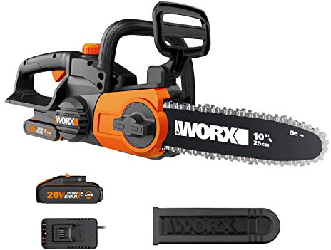 Worx 20V Cordless Chain Saw, WG322E.1 25cm Chainsaw, Auto-Tension and Auto-Lubrication, 10'' Bar Length, Powershare, 1 * 2.0Ah Battery, 1 * 2A Charger