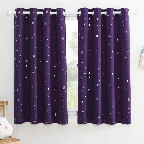 PONY DANCE Star Foil Printed Kids Curtains, Purple, 52x63 Inch | Eyelet Blackout Girls Curtains for Nursery & Bedroom, Thermal Insulated & Noise Reducing, Privacy Protected, 2 Panels