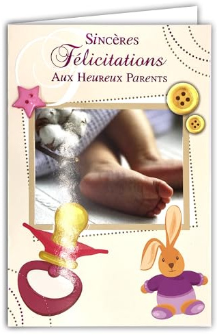 66-1030-A Carte Sincères Félicitations aux Heureux Parents Naissance ou Adoption Fille Bienvenue à Bébé + Enveloppe 12x17,5cm - Collage Bouton Rose en Forme d'étoile - Tétine Peluche Doudou Lapin