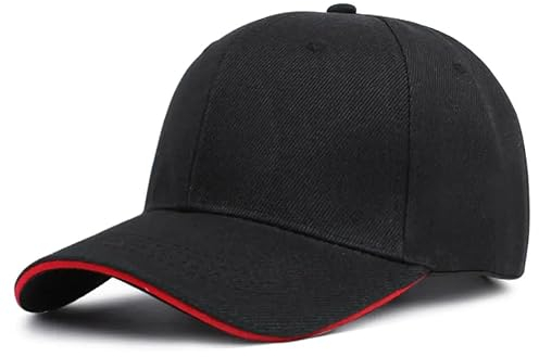 Generisch Baseballkappe für Herren und Damen, Basecap, Kappe, Hüte, verstellbar, einfarbig, Unisex, Einheitsgröße, Sonnenmütze (Baumwolle/Acryl, Schwarz/Rot)